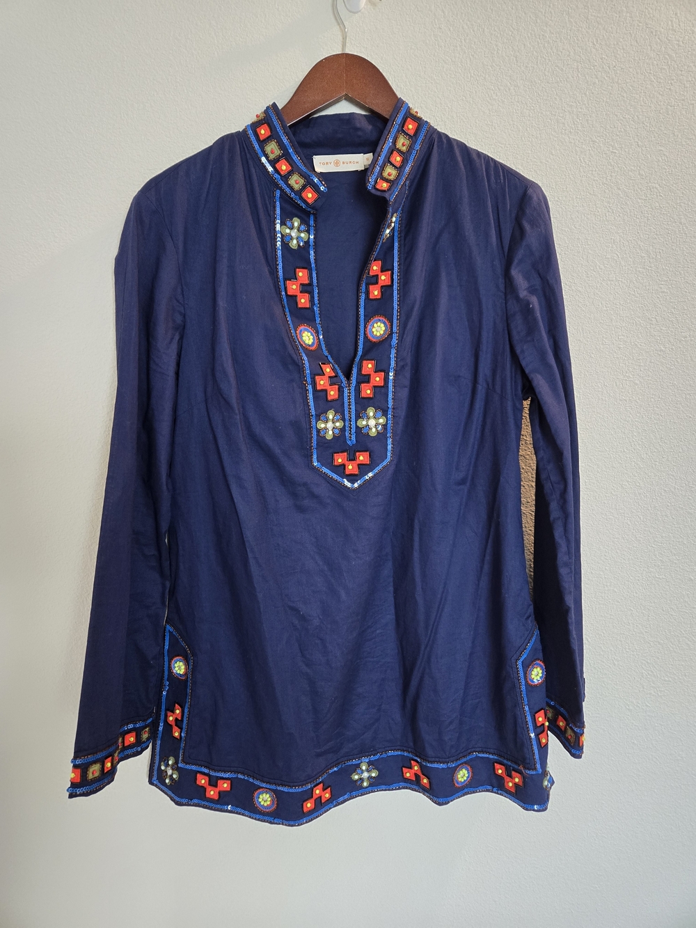 Tory Burch Navy Tunic with Multicolor Embroidered Beadwork